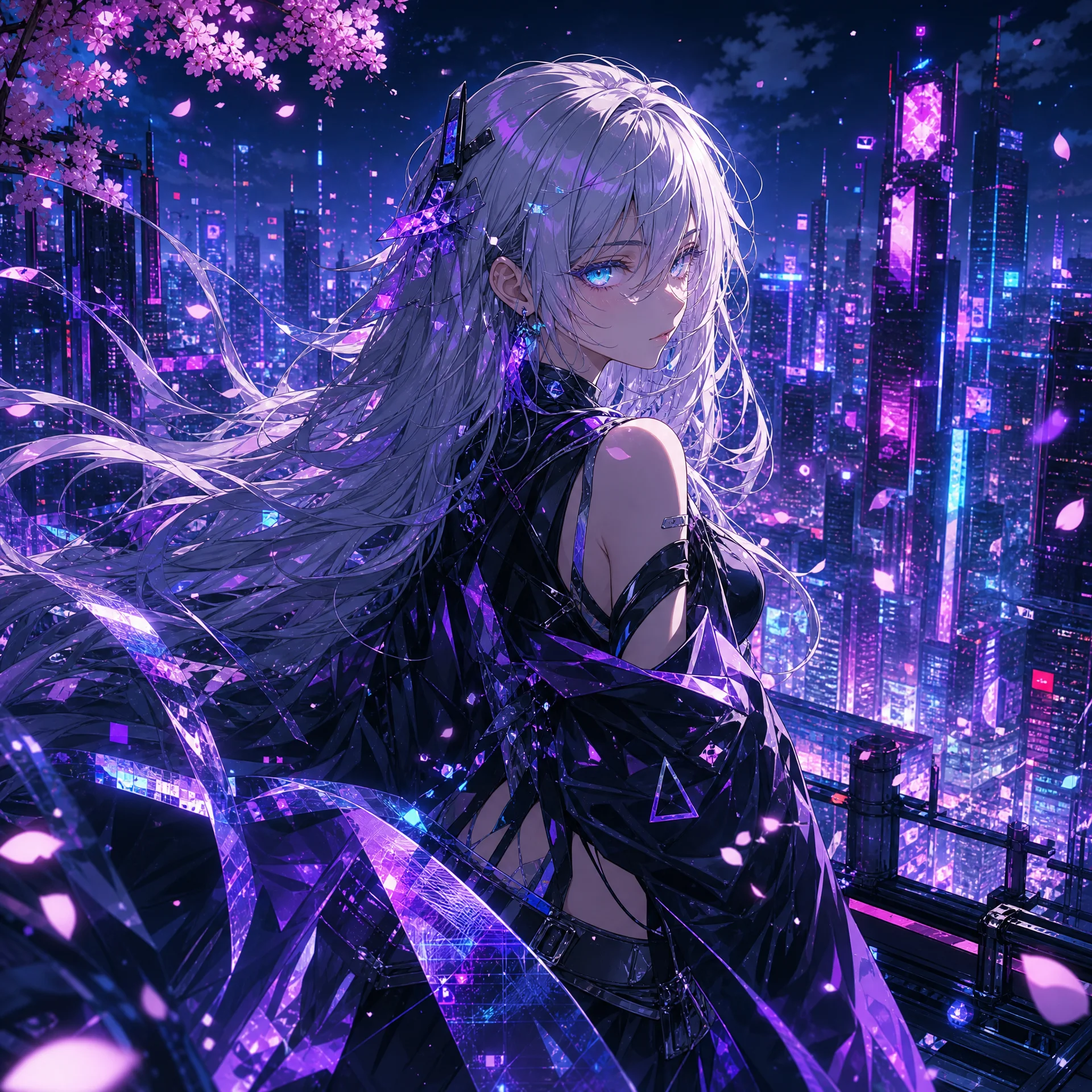 赛博朋克风格银发少女站在霓虹都市楼顶的AI绘画作品